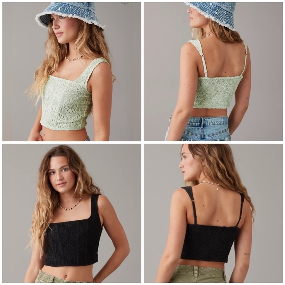 AE Set of 2 Cropped Square-Neck Corset Lace Tank Top Green Black Medium Bundle